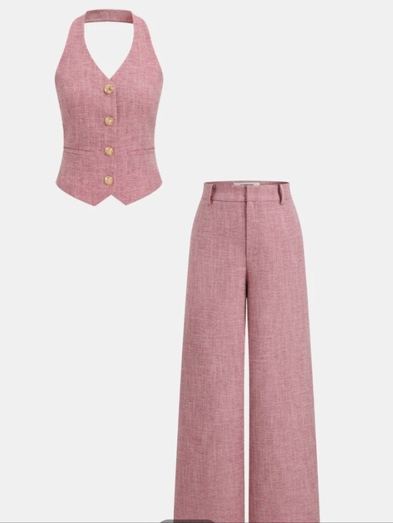 Commense Pants - Commense Halter Neck Vest Top + Wide Leg Pantsuit 2-PC Set Pink S NWT